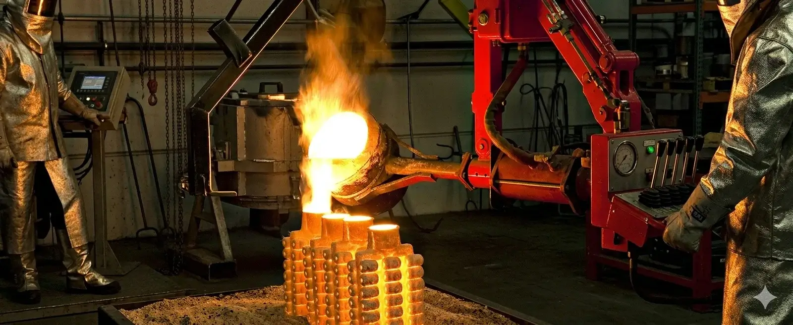 Molten metal pour into ceramic shell moulds at the Precimetal Cast foundry