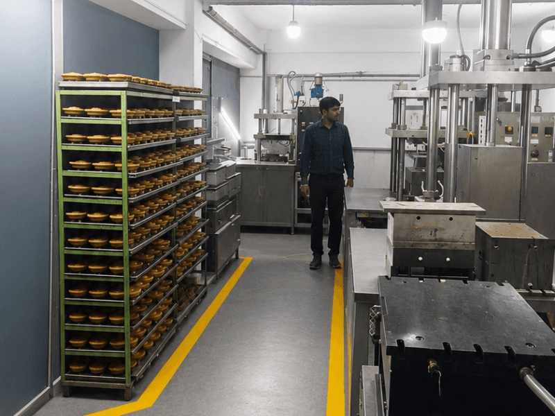 Wax injection presses and pattern racks in the injection room