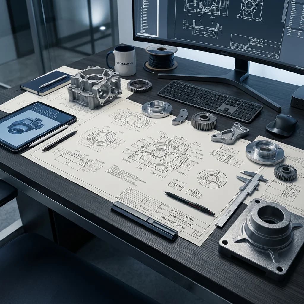Engineering desk with casting drawings, cast housings, gears and measuring instruments