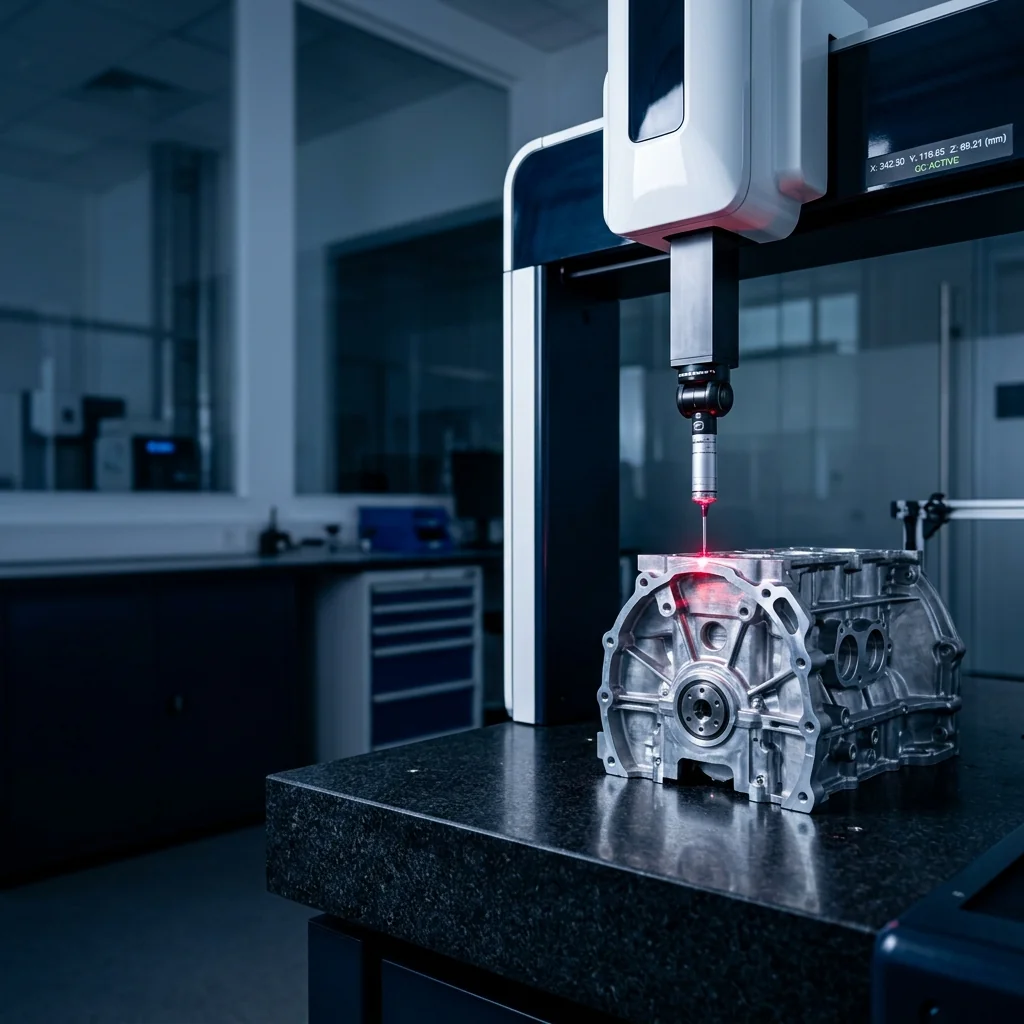 Coordinate measuring machine probing a cast housing on a granite inspection table