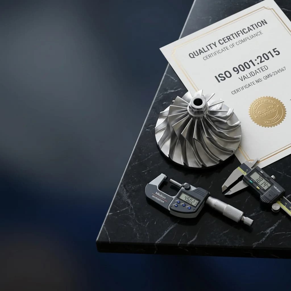 ISO 9001:2015 quality certificate beside a cast impeller, digital micrometer and vernier calipers