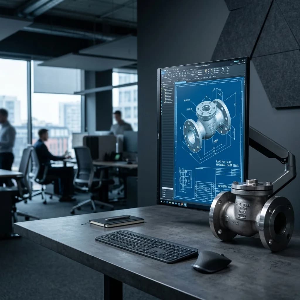 Engineer's workstation showing a cast valve body CAD drawing on screen beside the finished casting