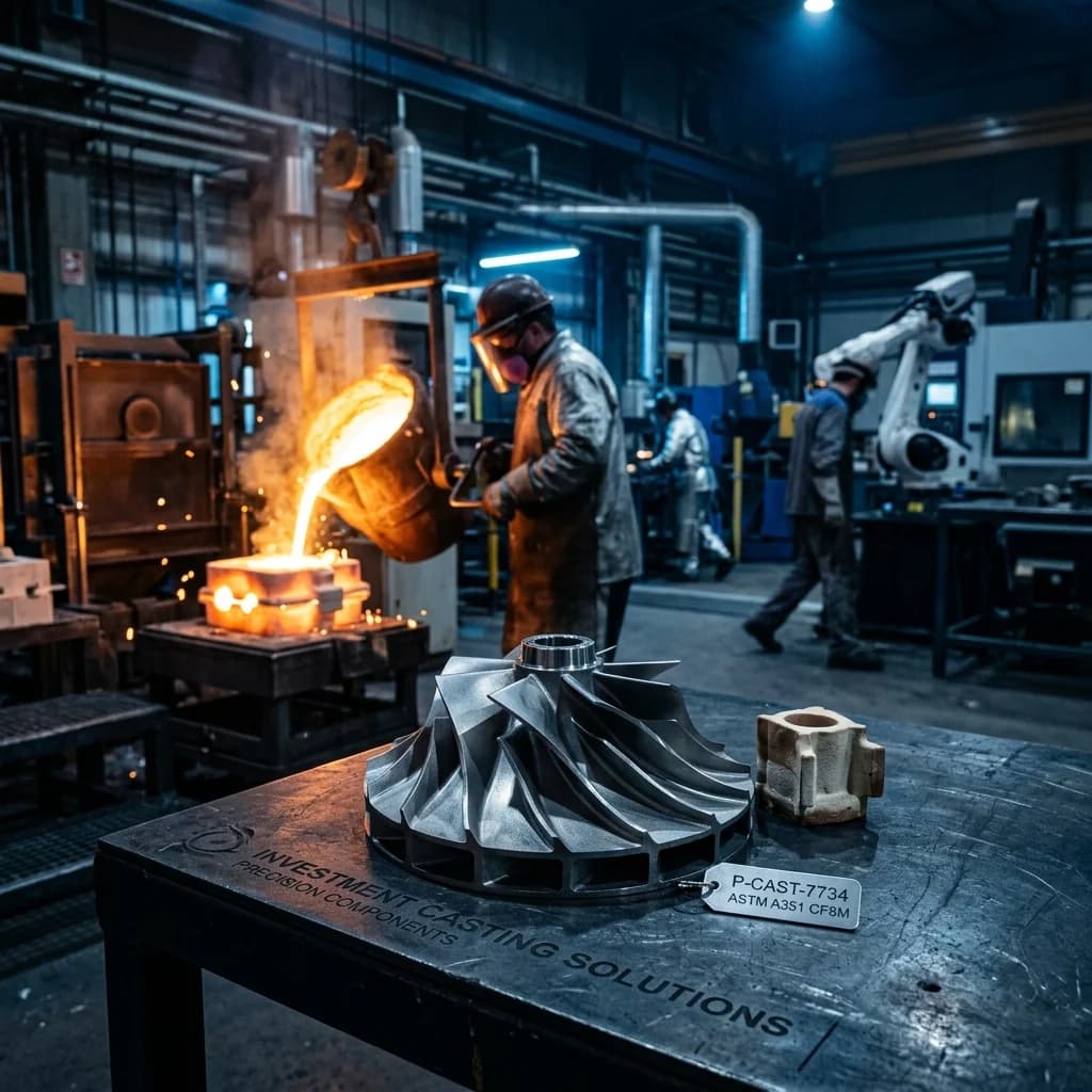 Foundry operator pouring molten metal into a ceramic shell mould, with a finished cast impeller in the foreground