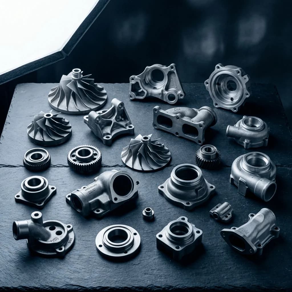 Investment castings laid out on slate — impellers, gears, housings and flanged fittings across served industries