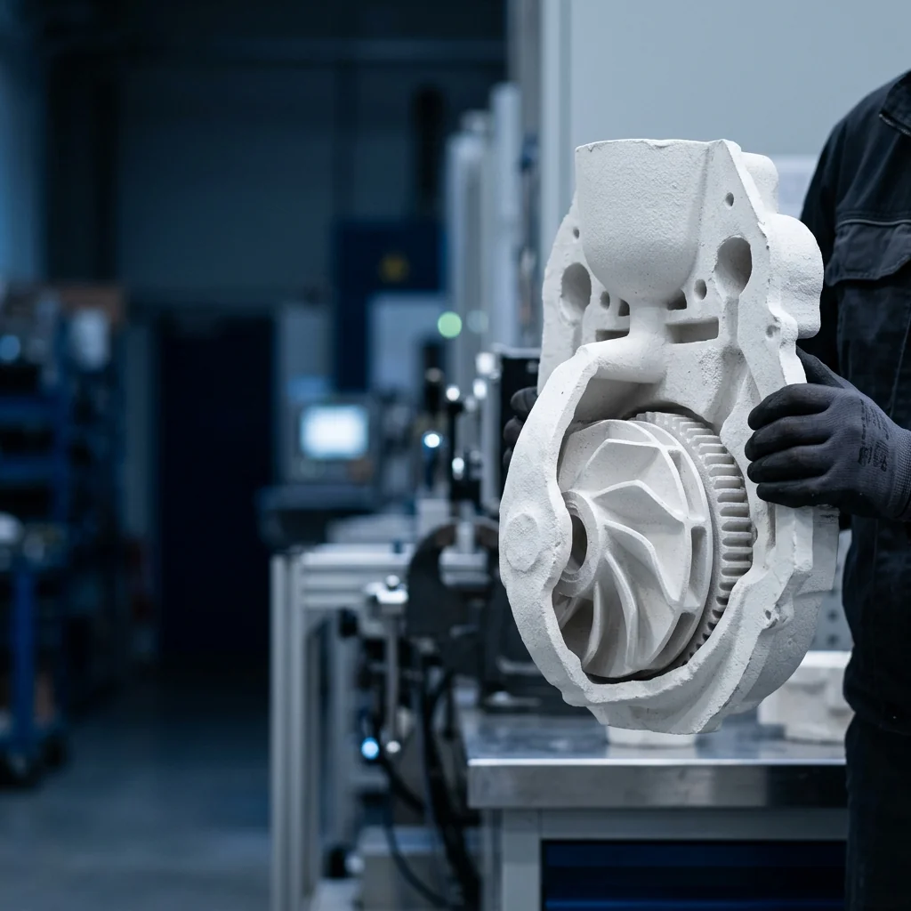 Technician holding a ceramic shell mould with the impeller cavity visible, on the investment casting line