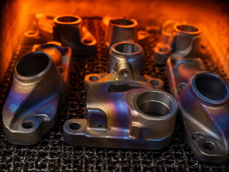 Heat-treated castings with temper colours resting on a mesh belt inside the furnace