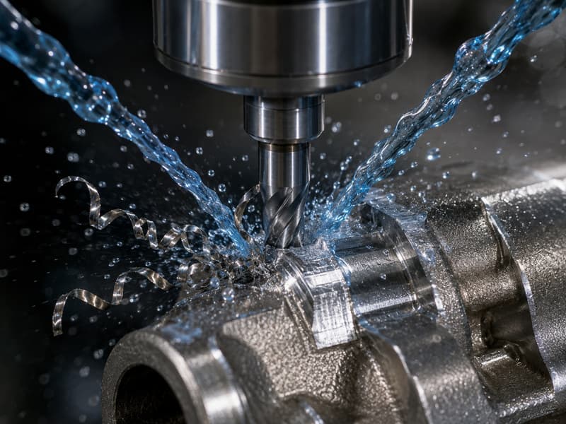 A CNC end mill cutting a casting under jets of coolant, throwing metal chips