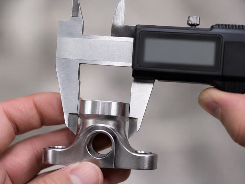 A digital caliper measuring a machined casting during dimensional inspection