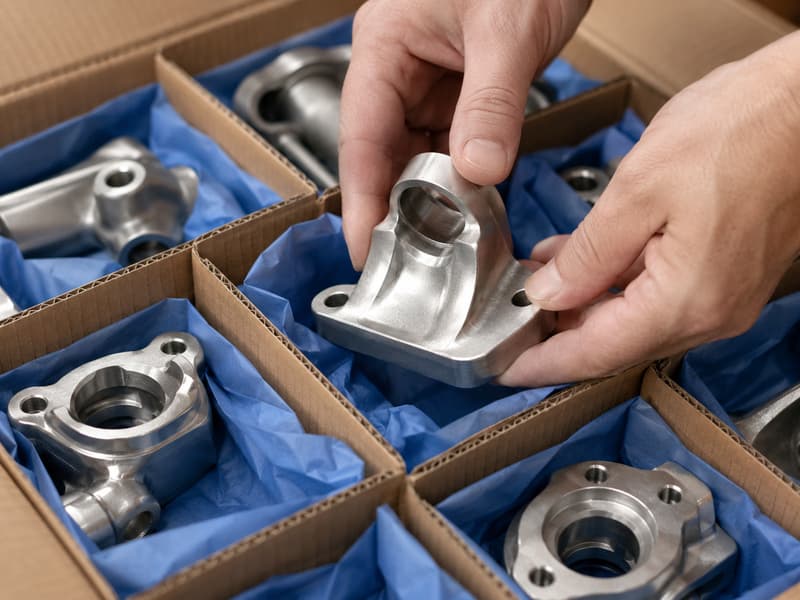 Finished castings being packed into partitioned cartons with protective tissue for dispatch