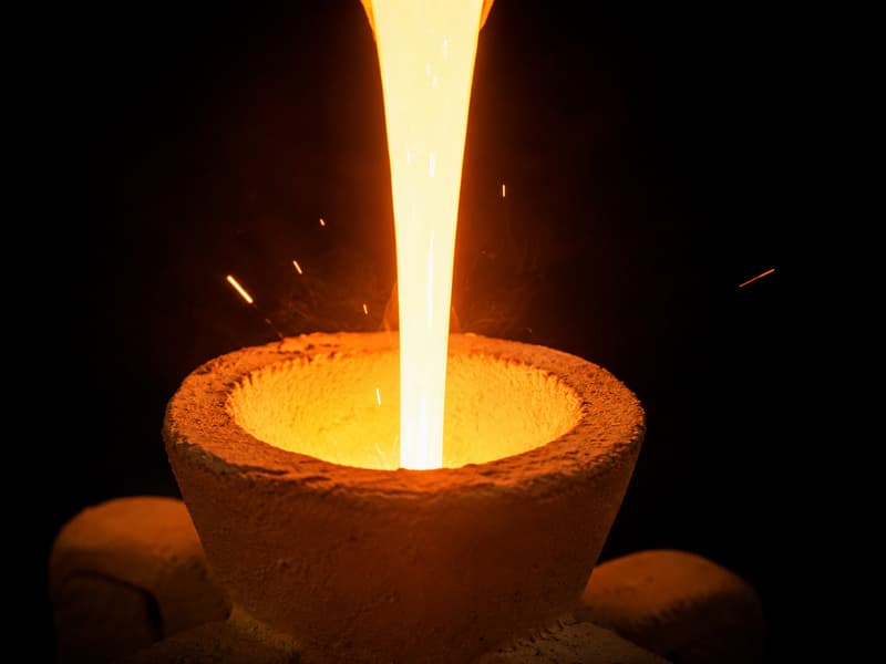 Molten metal pouring in a bright stream into a preheated ceramic shell