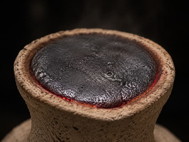 Metal darkening as it solidifies in the pouring cup of a ceramic shell