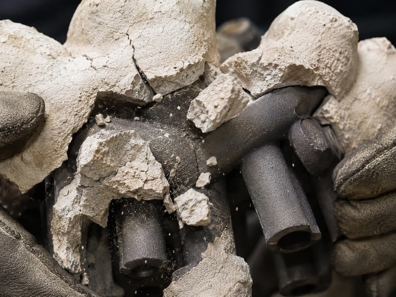 Gloved hands breaking away the cracked ceramic shell to reveal the castings beneath