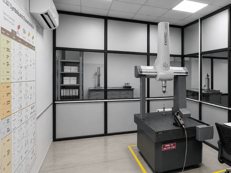 Climate-controlled quality lab with a coordinate measuring machine and GD&T reference chart