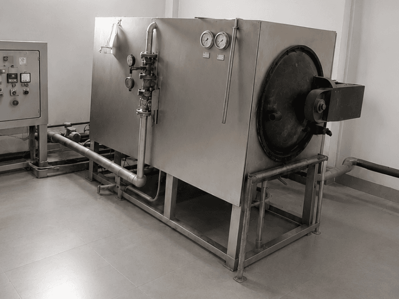 Stainless steel dewaxing autoclave with pressure gauges and adjacent control panel