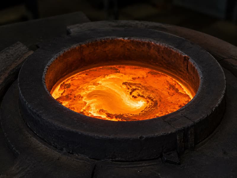 Molten metal glowing orange in the open crucible of an induction melting furnace