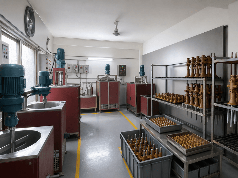 Precimetal wax shop with temperature-controlled wax conditioning tanks and racks of injected wax patterns